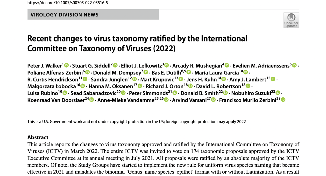 Recent changes to virus taxonomy ratified by the International Committee on Taxonomy of Viruses (2022)